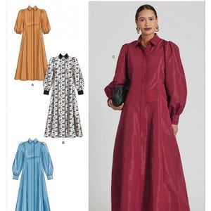 Könnte beinhalten: Simplicity Schnittmuster S3193 für ein langärmeliges Hemdkleid mit Kragen, durchgehender Knopfleiste und gerafften Puffärmeln. Das Schnittmuster enthält drei Varianten: ein einfarbiges beiges Kleid, ein geblümtes Kleid und ein einfarbiges burgunderrotes Kleid.