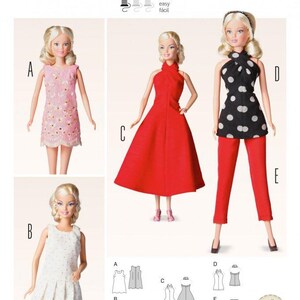 May include: A doll clothing pattern featuring various outfit designs. The image displays a doll in a pink dress, a white dress, a red dress, a black top with white spots and red trousers. The pattern is branded "burda style" and has the number 6960.
