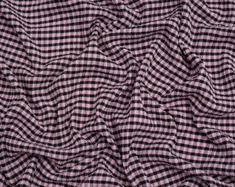 Minerva Core Range Stretch Woven Gingham Seersucker Fabric - Black & Light Pink Checks Pattern - Width 155cm / 62&quot; - per metre
