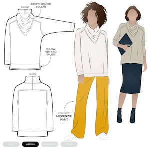May include: A technical fashion illustration of a long-sleeve jumper featuring a deep V-shaped collar, hi-low hem, and side splits. The diagram shows front and back views with labels, alongside a rendered outfit with mustard yellow trousers.