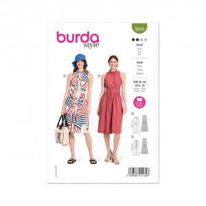May include: A Burda Style sewing pattern envelope 5916 featuring two sleeveless dress designs. One dress has a red, white, and blue striped pattern with a matching bucket hat, while the other is a solid rose-coloured dress with a belted waist.