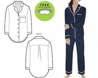 Puede incluir: Un patrón de costura para un conjunto de pijama azul marino con ribetes blancos, que incluye una camisa abotonada con bolsillo en el pecho y pantalones largos. La ilustración muestra vistas frontal y trasera de la camisa y un antifaz.