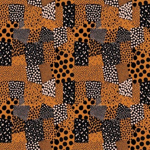 May include: A fabric print featuring a repeating geometric pattern of rectangular blocks filled with black and light pink dots against a solid ochre background, interspersed with larger black circular spots and dense stippled textures.