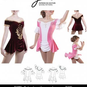 Könnte beinhalten: Ein Schnittmuster für ein Prinzessinnen-Eiskunstlaufkleid. Das Schnittmuster enthält Anweisungen für die Größen 21 für Mädchen und Frauen. Das Schnittmuster wird in Kanada entworfen und gedruckt. Das Bild zeigt ein Model, das ein rosa und weißes Kleid mit einem burgunderfarbenen Samt-Rock trägt. Das Kleid hat einen Spitzenbesatz und ein goldenes Stickmuster.