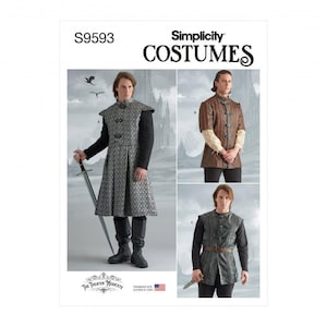 May include: Simplicity Costumes pattern S9593 featuring three variations of a tunic. View A is a long grey patterned tunic with black sleeves. View B is a short-sleeved brown tunic with toggle closures. View C is a sleeveless grey textured tunic.