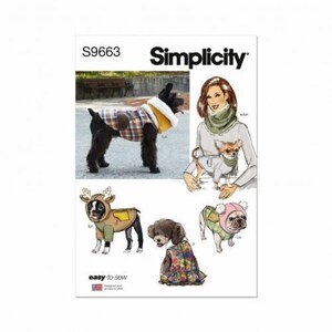 Könnte beinhalten: Eine Simplicity S9663 Schnittmusterhülle mit Illustrationen und einem Foto von verschiedenen Hundemänteln und Pullovern. Die Designs umfassen einen karierten Mantel mit weißem Kragen, einen Mantel mit Rentierkapuze, ein Blumenkleid und einen Kapuzenpullover.