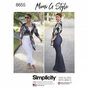 May include: Simplicity pattern 8655 Mimi G Style features a black floral print tie-front top paired with white high-waisted trousers in one view, and the same floral top with dark blue denim bell-bottom jeans in another view, showcasing sewing designs.