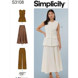 Könnte beinhalten: Das Simplicity Schnittmuster S3108 umfasst eine ärmellose Weste mit Knopfleiste, einen braunen A-Linien-Rock mit Punkten und eine weite Hose. Die Packung zeigt ein cremefarbenes Weste-Rock-Set sowie das American Sewing Guild Logo.