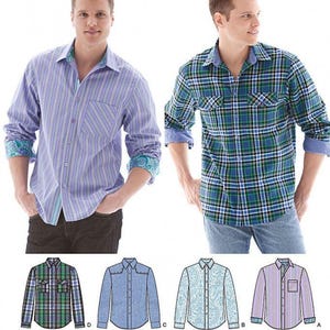 Könnte beinhalten: Ein Simplicity 1544 Schnittmusterumschlag mit Abbildungen und Fotos von langärmeligen Hemden mit Knopfleiste. Die Designs umfassen ein lila gestreiftes Hemd, ein grün-blau kariertes Hemd, ein blaues Hemd mit Paisleymuster und ein einfarbig blaues Hemd.
