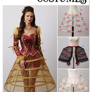 Könnte beinhalten: Simplicity Costumes Schnittmuster S3192 mit einem kastanienbraunen und goldenen Oberteil mit langen Ärmeln, einem goldenen Reifrock und drei weiteren Reifrockvarianten mit den Bezeichnungen B, C und D, darunter ein weißer Rock mit rosa Schleifen und ein schwarzer Spitzenrock.