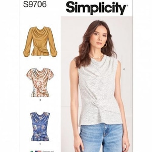 May include: Simplicity pattern S9706 featuring three top variations with cowl necklines and front twist details. The illustrations show a long-sleeve mustard top, a short-sleeve floral top, and a sleeveless blue floral top, alongside a white dotted sleeveless top.