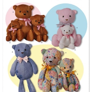 May include: A Simplicity S3185 sewing pattern envelope featuring illustrations of various stuffed teddy bears in different sizes, colours, and fabric patterns, including solid brown, pink, white, blue denim, and floral patchwork designs with ribbons.