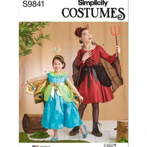 May include: Simplicity Costumes pattern S9841 features two outfits: a blue dress with gold peacock-style wings and a red dress with black lace accents, a black cape, and a red pitchfork accessory. The pattern includes text labels A and B.