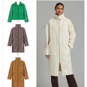 May include: Simplicity sewing pattern S3196 features three coat variations. View A is a green jacket, View B is a brown coat, and View C is a long cream coat with a high collar, front zip, and two large patch pockets, shown worn with dark trousers.