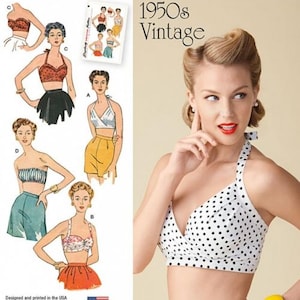 Puede incluir: Patrón de costura vintage de los años 50 para un traje de baño de halter. El patrón incluye cuatro estilos diferentes de tops y pantalones cortos. El patrón está diseñado e impreso en los Estados Unidos.