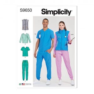 May include: Simplicity S9650 sewing pattern envelope featuring illustrations of scrub tops, trousers, and a jacket. The cover displays two individuals wearing blue scrub tops with matching trousers and a blue and light purple jacket with joggers.