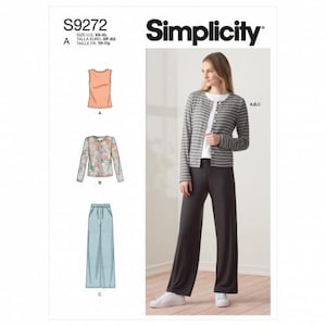 Op de afbeelding: Simplicity naaipatroon S9272 voor maten XS-XL. Het patroon bevat een mouwloze top, een vest met lange mouwen en knoopsluiting, en een wijde broek. De hoes toont een grijs en wit gestreept vest gedragen over een witte top en een zwarte broek.