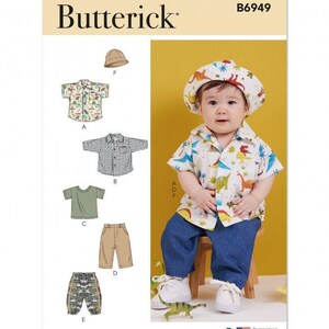 May include: Butterick sewing pattern B6949 featuring illustrations of children's clothing including shirts, trousers, and a hat. The pattern shows a button-down shirt with a dinosaur print, blue trousers, and a matching hat, with text labels A through F.