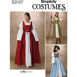 Könnte beinhalten: Simplicity Costumes Schnittmuster S3127 mit drei Varianten eines Kleides mit weißen Puffärmeln. Eine Version ist ein langes rotes Kleid mit Schnürmieder, eine andere ein knielanges olivgrünes Kleid und die dritte ein blauer Rock mit gemustertem Oberteil.
