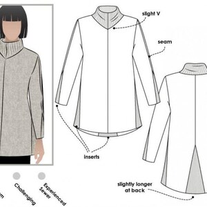 May include: A technical fashion illustration of a long-sleeved tunic with a ribbed mock neck collar, featuring a slight V-neck detail, side inserts, and a hemline that is slightly longer at the back. The diagram includes labels for seam and inserts.