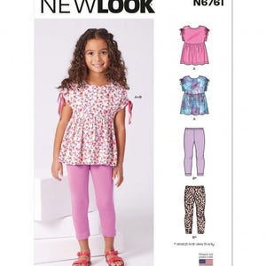 May include: New Look sewing pattern N6761 featuring a floral print top with tie sleeves and solid pink leggings. The pattern envelope displays illustrations of variations including a solid pink top, a blue floral top, and leopard print leggings.