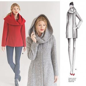 Peut inclure: Pochette de patron de couture Simplicity 1254 Leanne Marshall présentant une veste rouge à large col et un manteau gris texturé avec une grande capuche. Le design inclut un croquis du manteau et du texte indiquant qu'il est conçu et imprimé aux USA.