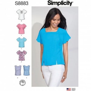 May include: Simplicity sewing pattern S8883 featuring a bright blue short-sleeved top with a square neckline and side slits. The pattern envelope displays various design variations including different sleeve styles, necklines, and fabric patterns.
