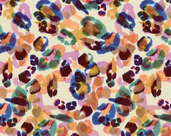 May include: A fabric swatch featuring a repeating abstract animal print pattern on a cream background. The design consists of overlapping brushstroke shapes in shades of blue, purple, orange, pink, teal, and dark maroon, creating a layered effect.