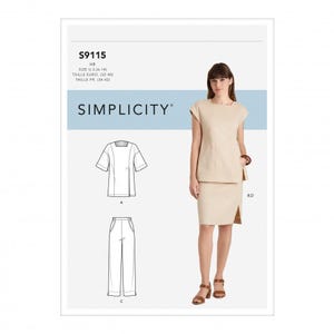 May include: A Simplicity sewing pattern envelope S9115 featuring a beige top and skirt set. The package displays technical line drawings of a short-sleeved top and trousers, alongside a photograph of the finished beige top and skirt ensemble.