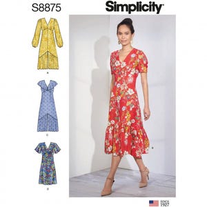 May include: Simplicity sewing pattern S8875 featuring four dress variations. The designs include a long-sleeved yellow dress, a blue patterned dress, a short-sleeved red floral dress, and a short-sleeved blue floral dress, all with V-necklines.