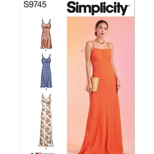 May include: Simplicity sewing pattern S9745 features three variations of a floor-length slip dress with thin straps. The pattern displays a short patterned dress, a blue midi-length dress, and a long floral dress, alongside a long orange dress.