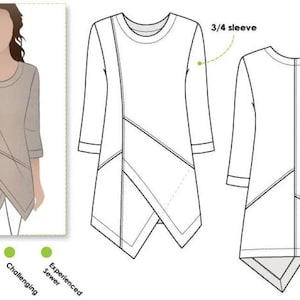 Op de afbeelding: Een naaipatroonillustratie voor een tuniek met driekwartmouwen, voorzien van een ronde halslijn en een asymmetrisch overlappend voorpand. De technische tekening toont voor- en achteraanzichten met zichtbare naailijnen.
