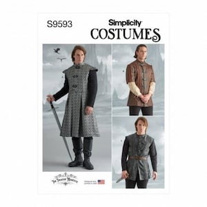 May include: Simplicity Costumes pattern S9593 featuring three variations of a sleeveless tunic or vest. The designs include a long grey patterned tunic, a short brown textured tunic with short sleeves, and a black sleeveless vest with a belt.