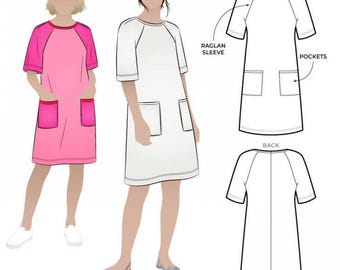 May include: A sewing pattern illustration for a dress featuring raglan sleeves, a round neckline, and two front pockets. The diagram includes front and back views with labels for dart, raglan sleeve, and pockets, alongside two figures wearing the dress.