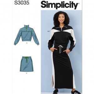 May include: Simplicity S3035 sewing pattern envelope featuring a black and white long-sleeve quarter-zip pullover and a matching long skirt with side slits. The pattern includes technical line drawings of a blue pullover and a blue skirt.