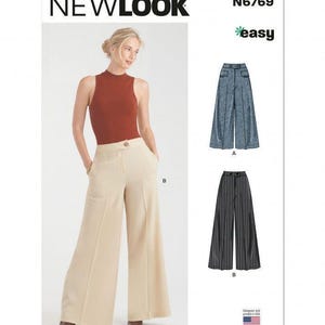 以下が含まれることがあります： ワイドレッグパンツのNew Look型紙N6769。パッケージには、錆色のノースリーブトップスとベージュのパンツを着用したモデルが写っています。青いデニム風と黒のピンストライプ生地の2種類のパンツバリエーションも示されています。