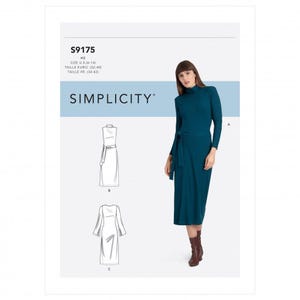 May include: A Simplicity sewing pattern envelope S9175 featuring a teal long-sleeved midi dress with a turtleneck and a tie waist. The pattern includes technical line drawings for variations B and C, showing a sleeveless option and a long-sleeved version.