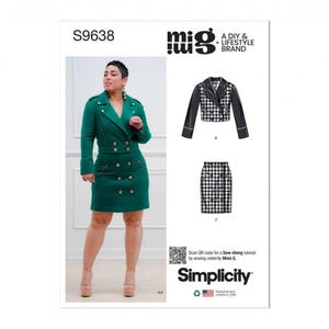 Könnte beinhalten: Simplicity Schnittmuster S9638 von Mimi G. zeigt ein zweireihiges, smaragdgrünes Mantelkleid mit goldenen Knöpfen und Reißverschlusstaschen. Das Schnittmuster enthält zudem eine kurze schwarz-weiße Hahnentrittjacke und einen passenden Bleistiftrock.