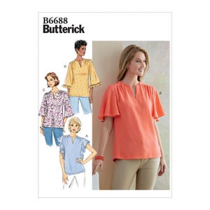 May include: Butterick pattern B6688 features sewing instructions for four variations of a blouse with a notched neckline. The illustrations show options with short flutter sleeves or three-quarter length sleeves, including floral and solid fabric designs.