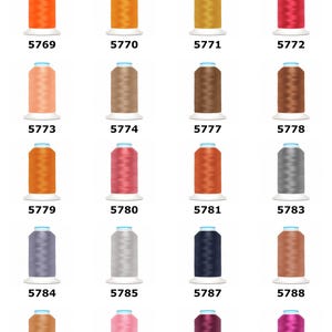 Könnte beinhalten: Gütermann Super Brite Polyester 40 Stickgarn 1000m Spulen in einem Raster von 20 Farben. Jede Spule ist mit einer spezifischen Nummer von 5769 bis 5797 beschriftet und zeigt eine Vielfalt an Orange-, Braun-, Rosa-, Grau- und Dunkelblautönen.