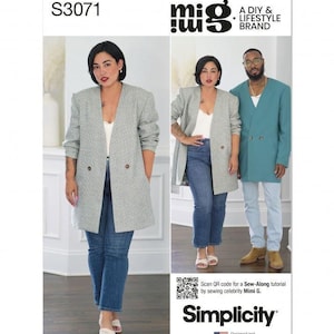 Könnte beinhalten: Eine Schnittmusterhülle S3071 von Mimi G und Simplicity. Das Cover zeigt einen hellgrauen Blazer mit Hahnentrittmuster und einen einfarbigen, blaugrünen Blazer, beide zweireihig mit langen Ärmeln. Der Text umfasst A DIY & LIFESTYLE BRAND und Scan QR code for a Sew-Along tutorial by sewing celebrity Mimi G.