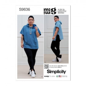 Może przedstawiać: Wzór do szycia Simplicity, S9636, przedstawiający niebieską bluzę z kapturem z krótkimi rękawami i czarnymi legginsami. Wzór zawiera tekst "mi", "A DIY & LIFESTYLE BRAND" i "easy-to-sew". Widoczne jest również logo Simplicity.