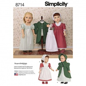 May include: Simplicity 8714 sewing pattern for 45.5 cm doll clothing. Includes patterns for a light green dress, a dark green coat, a red patterned dress, and a white apron. Features illustrations of dolls wearing these outfits with various accessories.