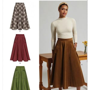 May include: Simplicity pattern S3169 features three skirt designs: a plaid skirt, a burgundy skirt, and a green skirt. The model in the image wears a brown corduroy skirt with pockets. The pattern is designed and printed in the USA.