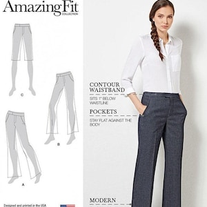 Op de afbeelding: Simplicity 8056 Amazing Fit naaipatroon voor een broek met een voorgevormde tailleband die 2,54 cm onder de taillelijn valt, zakken die plat tegen het lichaam liggen en een modern uitlopende broekspijp. Inclusief illustraties voor drie varianten.