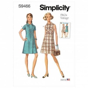 May include: Simplicity sewing pattern S9466 for 1960s vintage dresses. The illustration shows two sleeveless, knee-length shift dresses with double-breasted button details. One dress is solid teal, and the other features a brown and white plaid pattern.