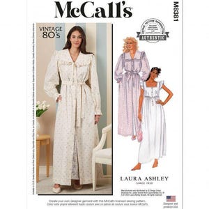 May include: A McCall's M8381 sewing pattern envelope for a Laura Ashley vintage 80's style robe and dress. The cover features a photograph of a long-sleeved floral robe and illustrations of two different dress designs with text details.