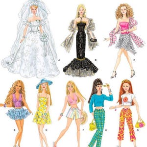 Op de afbeelding: Simplicity 4719 naaipatroon voor 29,2 cm poppenkleding met illustraties van acht verschillende outfits, waaronder een witte trouwjurk met sluier, een zwarte avondjurk en diverse tops, rokken en broeken.