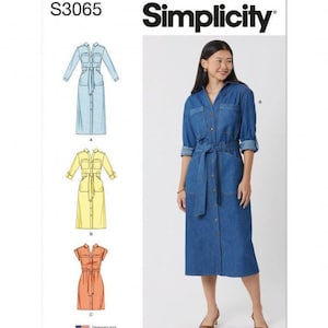 May include: Simplicity sewing pattern S3065 featuring a button-front shirt dress with a collar, chest pockets, and a tie waist. The pattern includes three variations: a long-sleeve denim dress, a yellow mid-sleeve dress, and a short-sleeve orange dress.