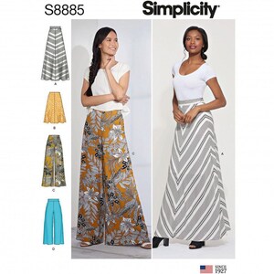 May include: Simplicity sewing pattern S8885 featuring four variations of skirts and wide-leg trousers. The designs include a chevron-striped maxi skirt, a yellow floral print skirt, a dark floral wide-leg pant, and a solid turquoise wide-leg pant.